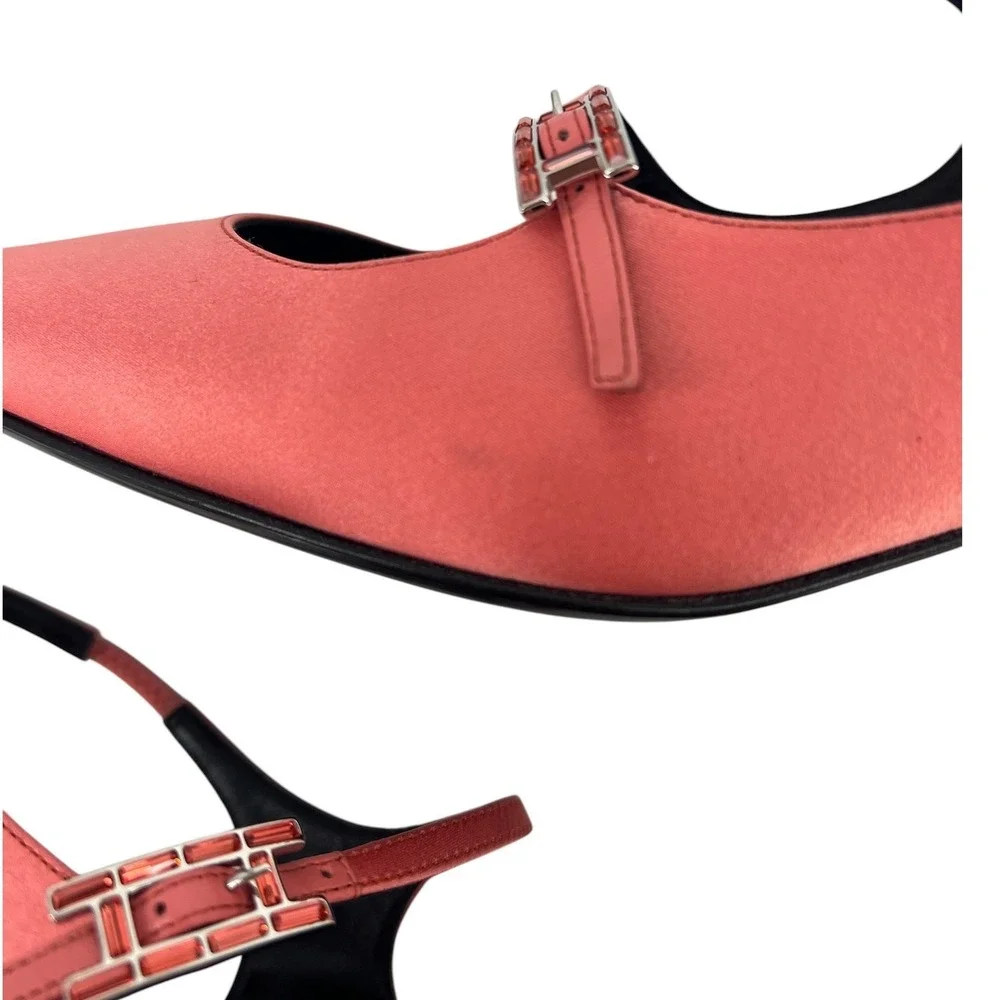 Hermes Jackie 50 Satin Crepe Slingback Pumps Rose Peche Size 41